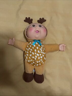 Plush Reindeer Baby Doll in Tan with Blue Bow